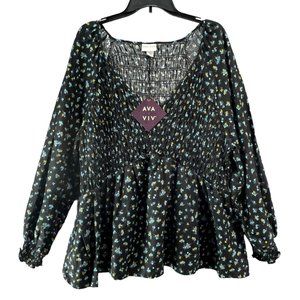 Ava & Viv Womens Top Plus Size 2X Black Floral Smocked Peplum Blouse Puff Sleeve